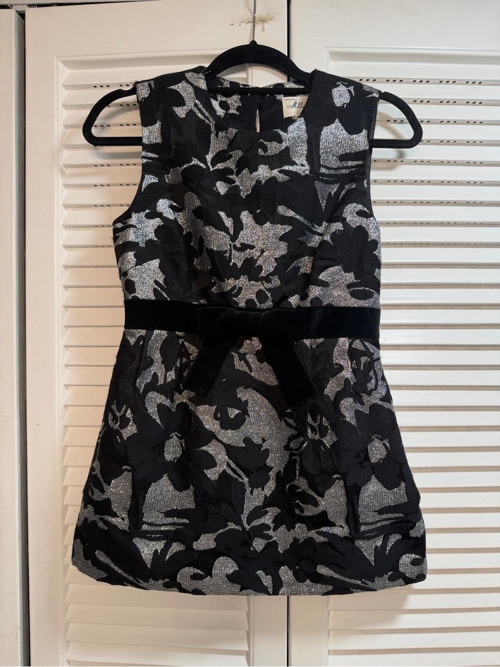 Vintage Milly Metallic Silver And Black Jacquard With Velvet Bow Blouse.